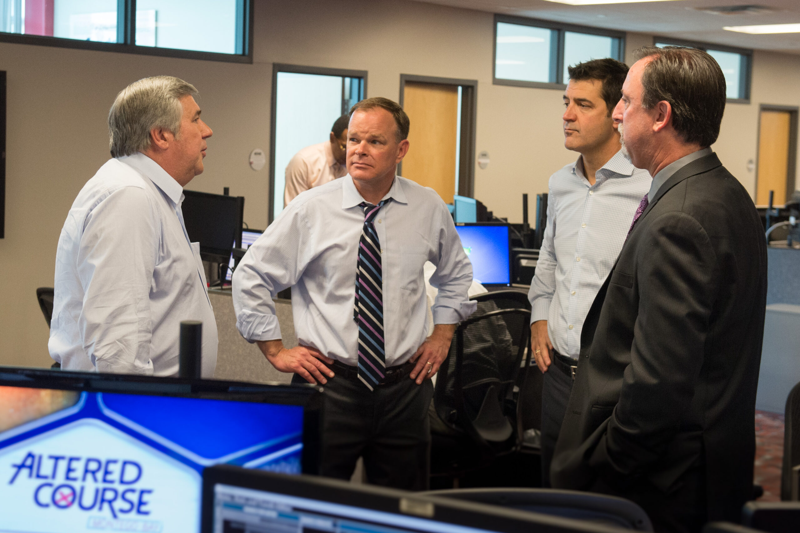 Bristol, CT - June 30, 2015 - ESPN Newsroom: Bob Ley, John Barr, Tom Farrey, and Mark Fainaru-Wada before the 25th Outside the Lines anniversary special.(Photo by Rich Arden / ESPN Images)