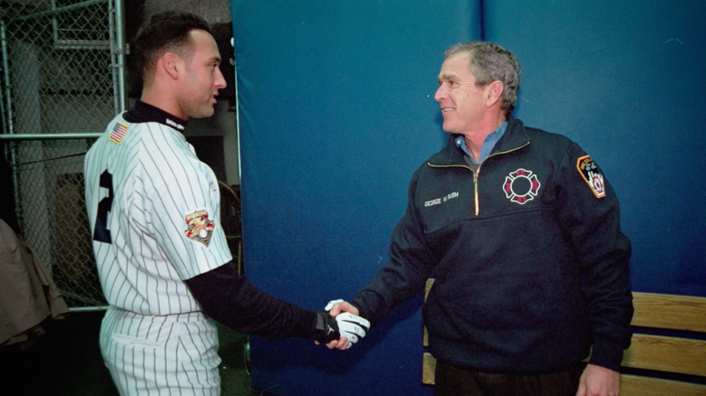 FIRST PITCH - Bush shaking Jeter's hand (Still)