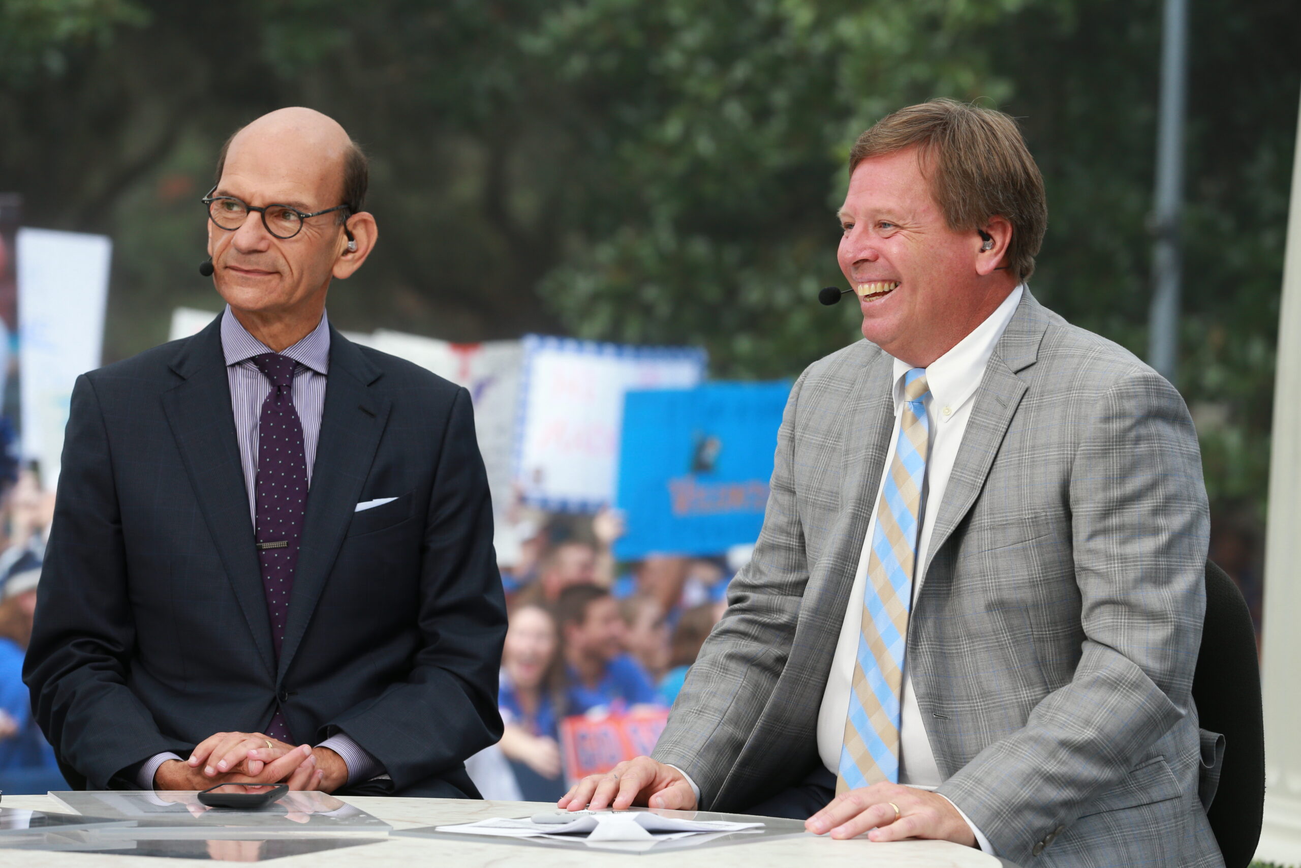 Gainesville, FL - September 26, 2015 - Plaza of the Americas: Paul Finebaum and Coach Jim McElwain on the set of SEC Nation (Photo by Allen Kee / ESPN Images)