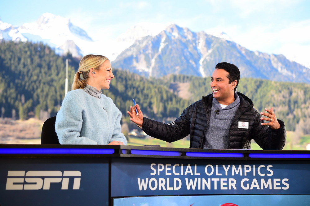 Schladming, Styria - March 23, 2017: Lindsey Czarniak and Kevin Negandhi on the set of the 2017 Special Olympics World Winter Games (Photo by Kohjiro Kinno / ESPN Images)