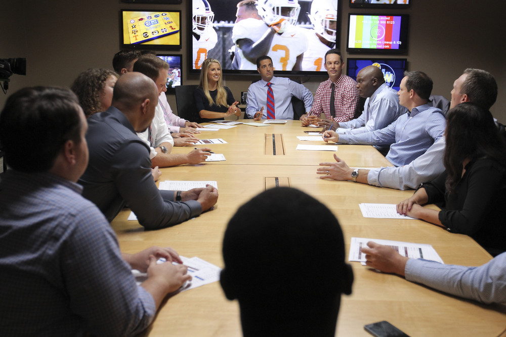 Charlotte, NC - July 29, 2016 - Frenette Building: Laura Rutledge, Dari Nowkhah and Peter Burns in a production meeting of SEC Now (Photo by Travis Bell / ESPN Images)