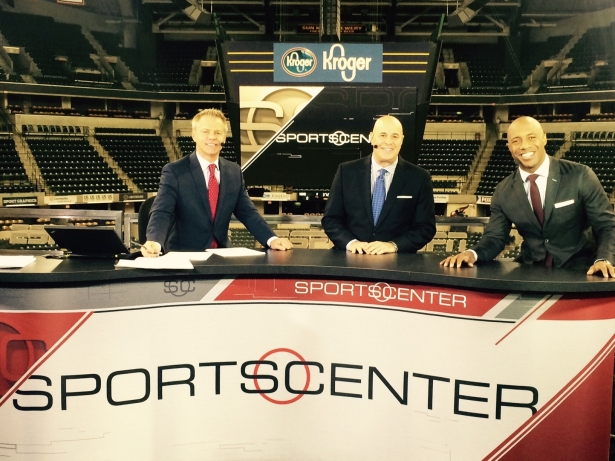 SportsCenter anchor David Lloyd, college basketball analysts Seth Greenberg and Jay Williams on the SportsCenter set at Bankers Life Fieldhouse. (Rachel Siegal/ESPN)