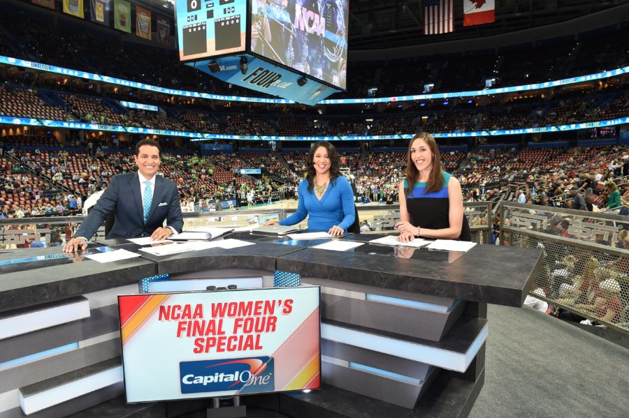 Kevin Negandhi, Kara Lawson and Rebecca Lobo during the Women's Final 4 semifinal game. (Scott Clarke/ESPN Images)