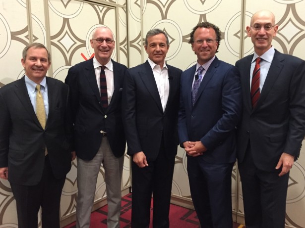 (L-R) Sports Business Journal Publisher Richard Weiss, ESPN President John Skipper, Chairman and Chief Executive Officer of The Walt Disney Company Bob Iger, event moderator and SBJ Executive Editor Abe Madkour and NBA Commissioner Adam Silver at the conference. (Mike Soltys/ESPN)