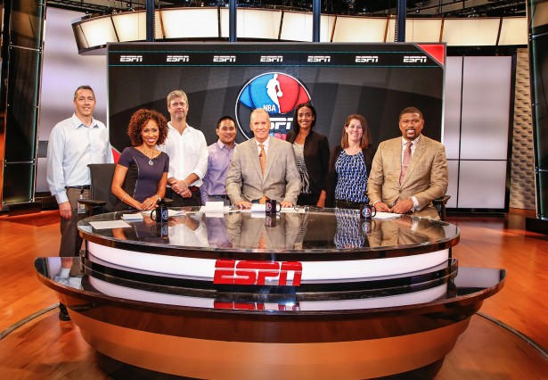 Amina Hussein (standing, second from right) with (seated L-R) host Sage Steele and analysts Doug Collins and Jalen Rose on the set of NBA Countdown. (Photo by Eddie Perlas/ESPN Images