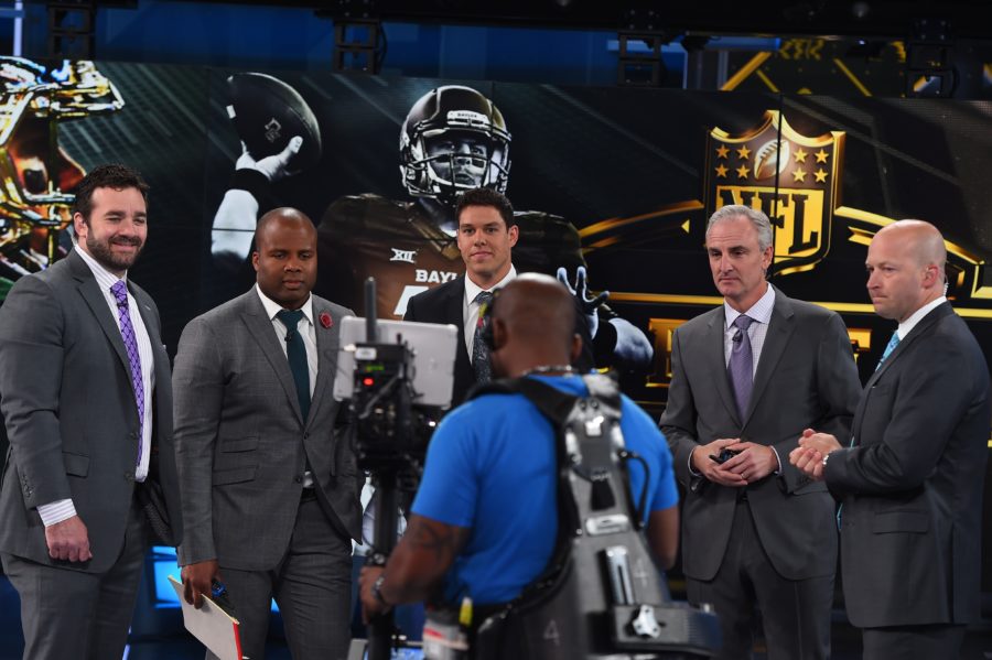 On the set of NFL Live (L-R): ESPN NFL analysts Jeff Saturday and George Whitfield; Baylor QB and NFL Draft prospect Bryce Petty; host Trey Wingo and analyst Tim Hasselbeck stand before a camera operator. ( Joe Faraoni / ESPN Images)