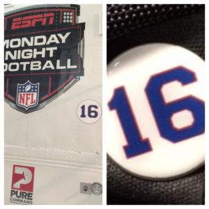 A decal of Gifford’s No. 16 will be placed on all of the Monday Night Football production trucks this season; Mike Tirico and Jon Gruden will wear No. 16 lapel pins during games. (Photo courtesy Bill Hofheimer)