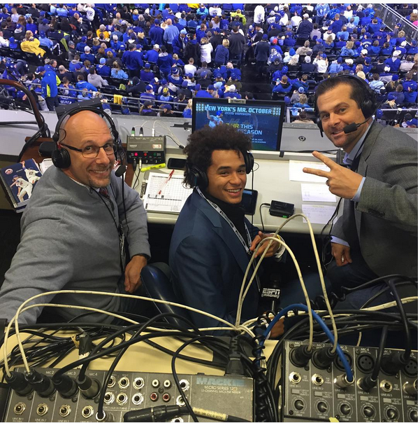 ESPN Radio's Dan Shulman (left) and Aaron Boone flank guest analyst Chris Archer, Tampa Bay Rays pitcher, on the call for Game 1 of the 2015 World Series in Kansas City. (Photo courtesy of Aaron Boone/Instagram)