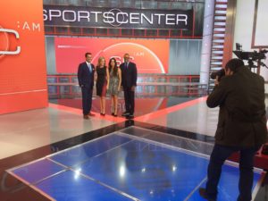  The SportsCenter: AM team participated in a photo session last week on the new-look set with ESPN Images photographer Allen Kee (far right). Pictured (L-R) Kevin Negandhi, Jaymee Sire, Sarina Morales and Jay Harris (Andy Hall/ESPN)