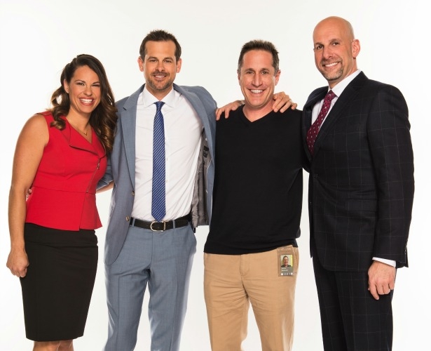 New Sunday Night Baseball producer Andrew Reichwald (second from right) is flanked by ESPN MLB analysts Jessica Mendoza (L) and Aaron and play-by-play commentator Dan Shulman. (Kohjiro Kinno/ESPN Images)