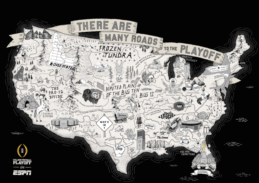 Artist Brendan Donnelly and ad agency Wieden+Kennedy worked with ESPN to create a visual road map to the College Football Playoff.