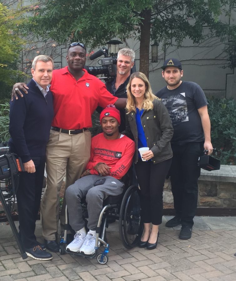 Devon Gales (seated);Standing, L-R: Tom Rinaldi, UGA program coordinator Bryan Gantt,  Kristen Lappas. :Back: Camera operators Terence O’Kane and Matt Knapp (Kristen Lappas/ESPN)