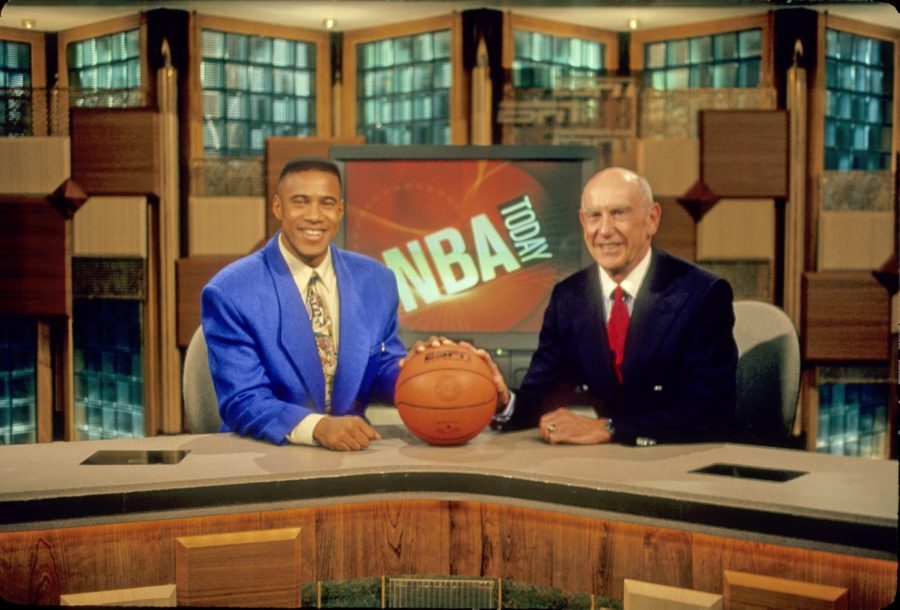 In this 1994 shot, host Mark Jones (L) shares the The NBA Today set with analyst Jack Ramsay. (John Atashian/ESPN Images)