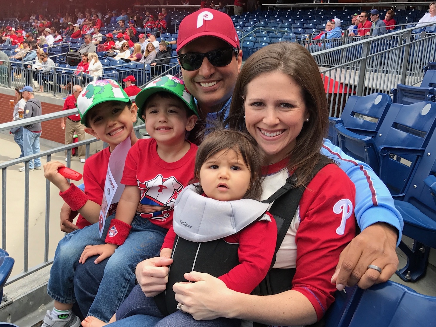 Kevin Negandhi with his wife Monica and their three kids at a Phillies game. (ourtesy Kevin Negandhi)